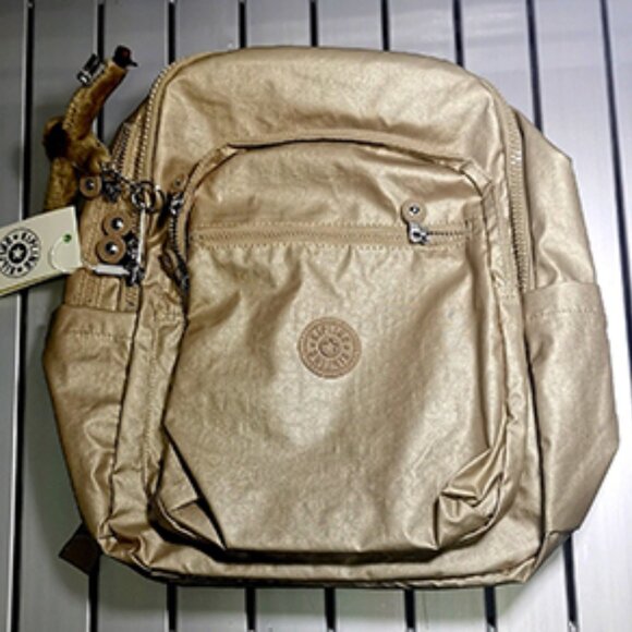 brand new Kipling reduced Large 44cm 15" Laptop Seoul Backpack gold - Picture 1 of 9